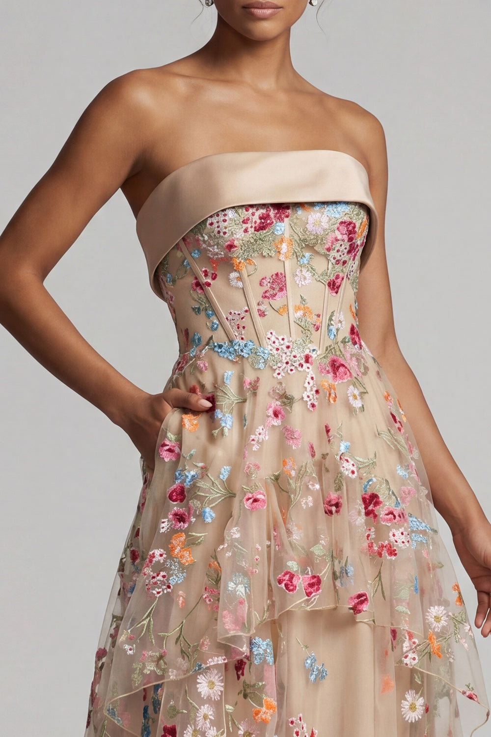 Ruffled Floral Champagne Long Corset A Line Mother of the Bride Dress with Pockets