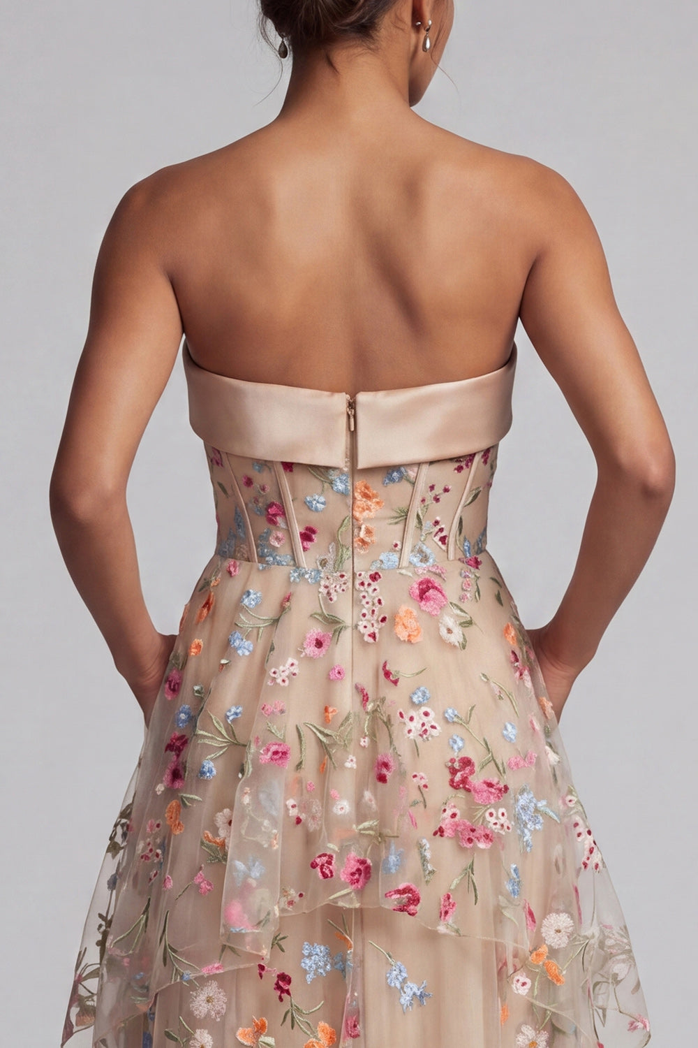 Ruffled Floral Champagne Long Corset A Line Mother of the Bride Dress with Pockets