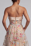 Ruffled Floral Champagne Long Corset A Line Mother of the Bride Dress with Pockets