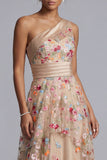 One Shoulder Floral Champagne Long A Line Mother of the Bride Dress with Ruffles