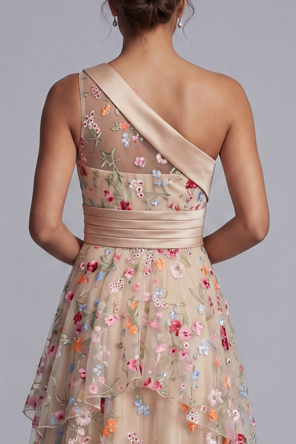 One Shoulder Floral Champagne Long A Line Mother of the Bride Dress with Ruffles