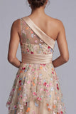 One Shoulder Floral Champagne Long A Line Mother of the Bride Dress with Ruffles