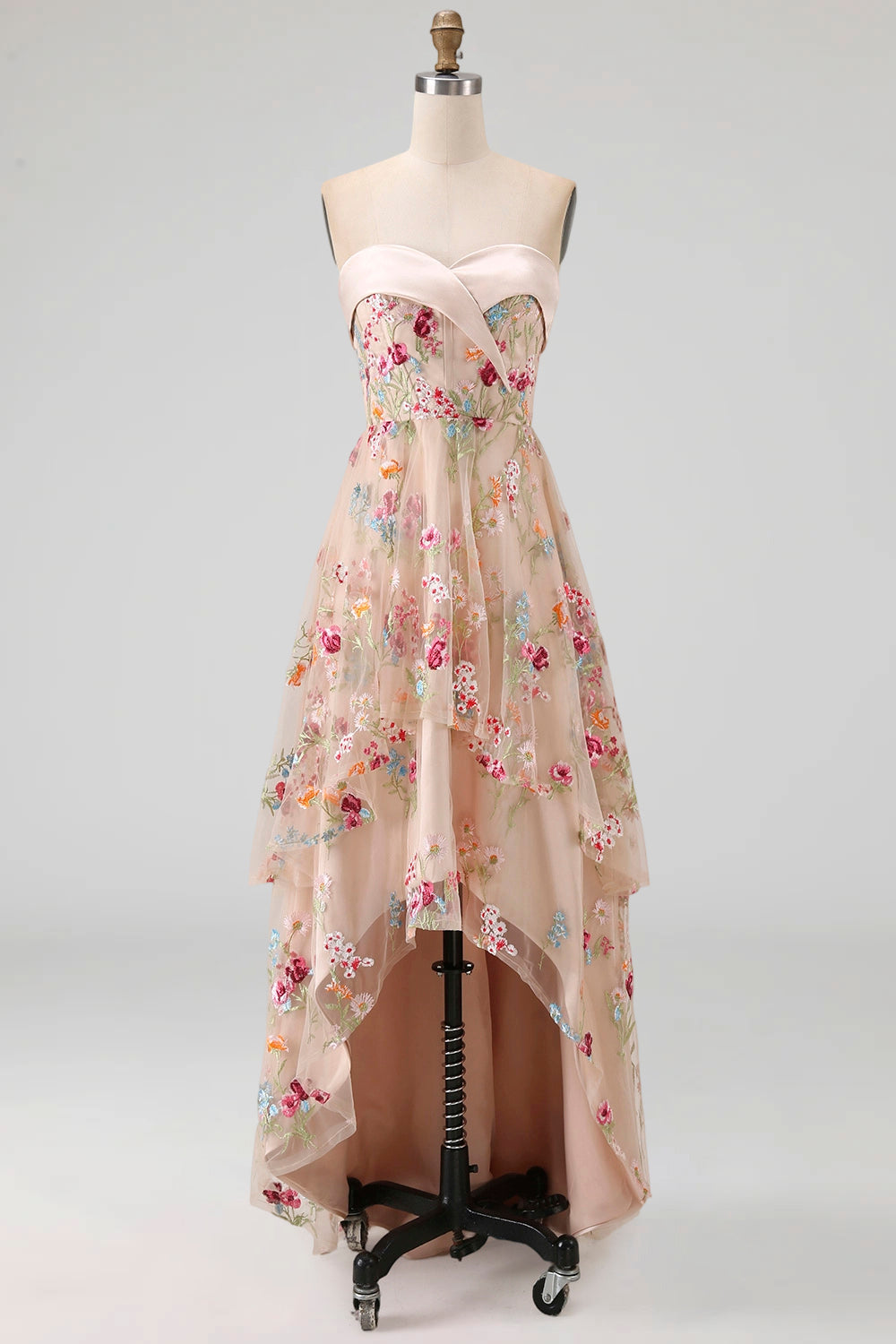 Basque Waist Floral Champagne High Low Corset Mother of the Bride Dress with Ruffles