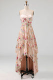 Basque Waist Floral Champagne High Low Corset Mother of the Bride Dress with Ruffles
