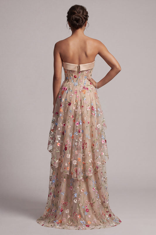 Basque Waist Floral Champagne High Low Corset Mother of the Bride Dress with Ruffles