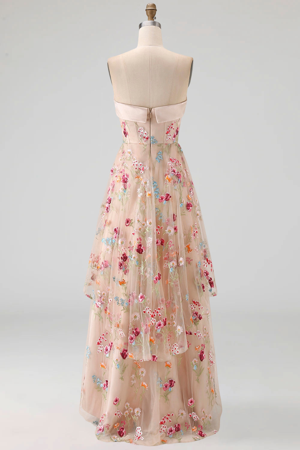 Basque Waist Floral Champagne High Low Corset Mother of the Bride Dress with Ruffles