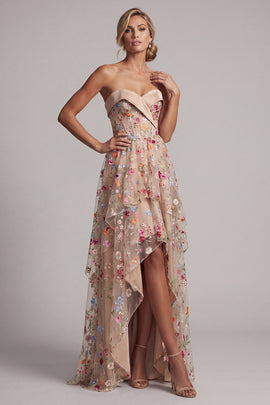 Floral Champagne High Low Corset Mother of the Bride Dress with Ruffles A Line Basque Waist Strapless Wedding Guest Dress