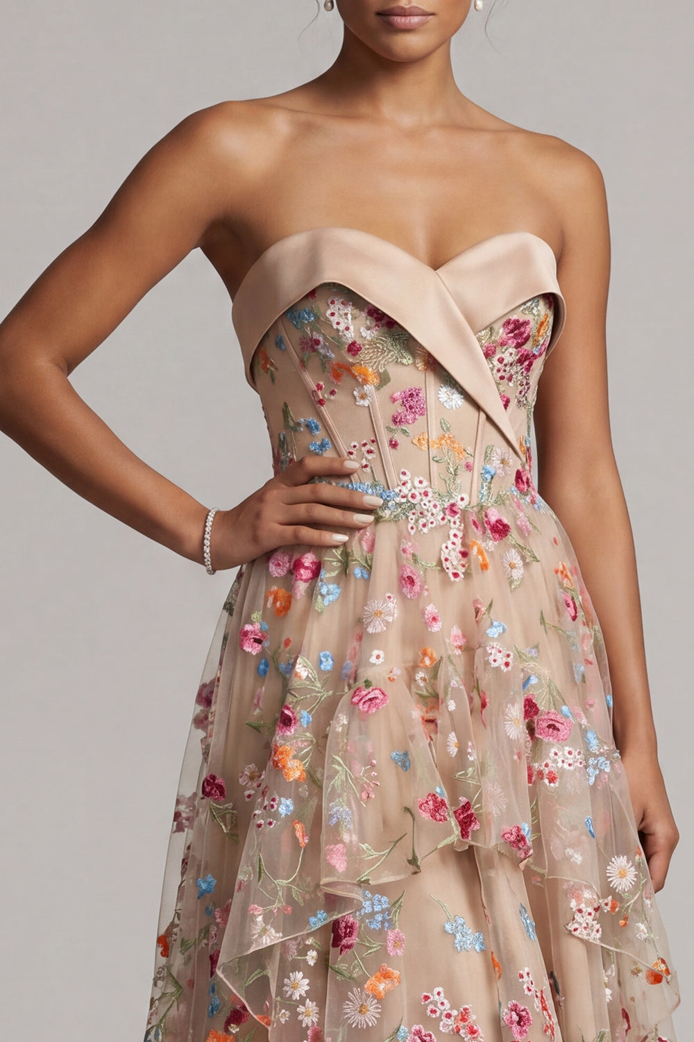 Basque Waist Floral Champagne High Low Corset Mother of the Bride Dress with Ruffles