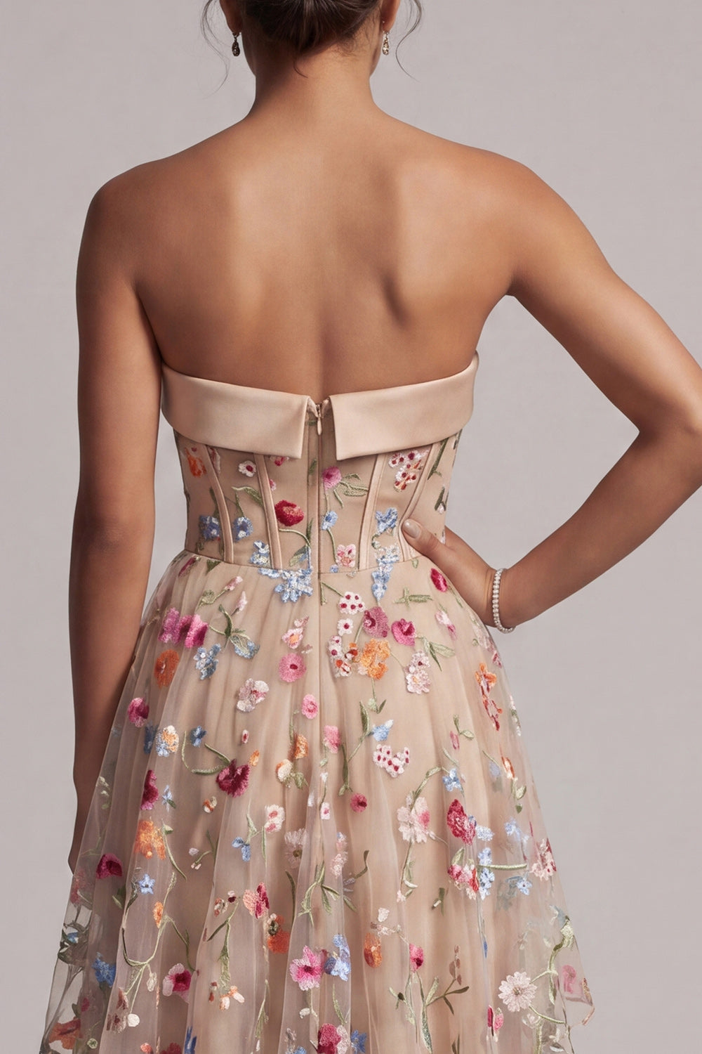 Basque Waist Floral Champagne High Low Corset Mother of the Bride Dress with Ruffles