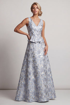 A Line Dusty Blue V-Neck Long Jacquard Floral Mother of the Bride Dress
