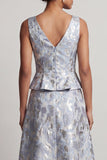 A Line Dusty Blue V-Neck Long Jacquard Floral Mother of the Bride Dress