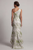 One Shoulder Long Mermaid Light Green Floral Mother of the Bride Dress
