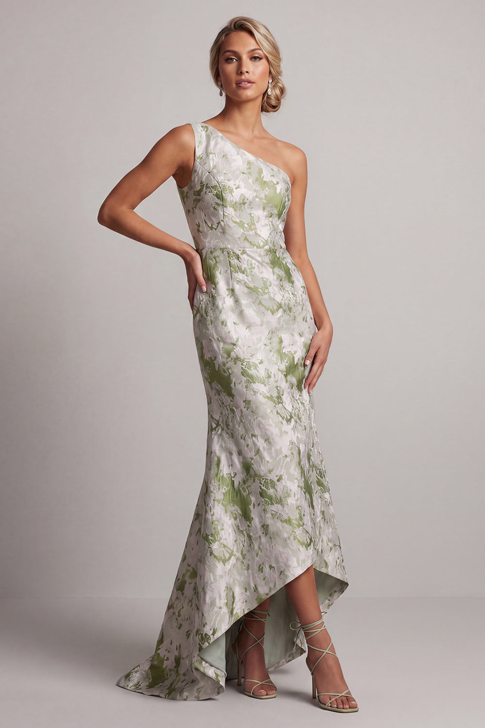 One Shoulder Long Mermaid Light Green Floral Mother of the Bride Dress