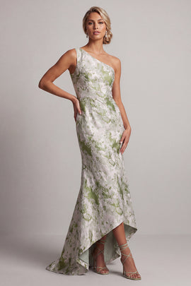 One Shoulder Long Mermaid Light Green Floral Mother of the Bride Dress