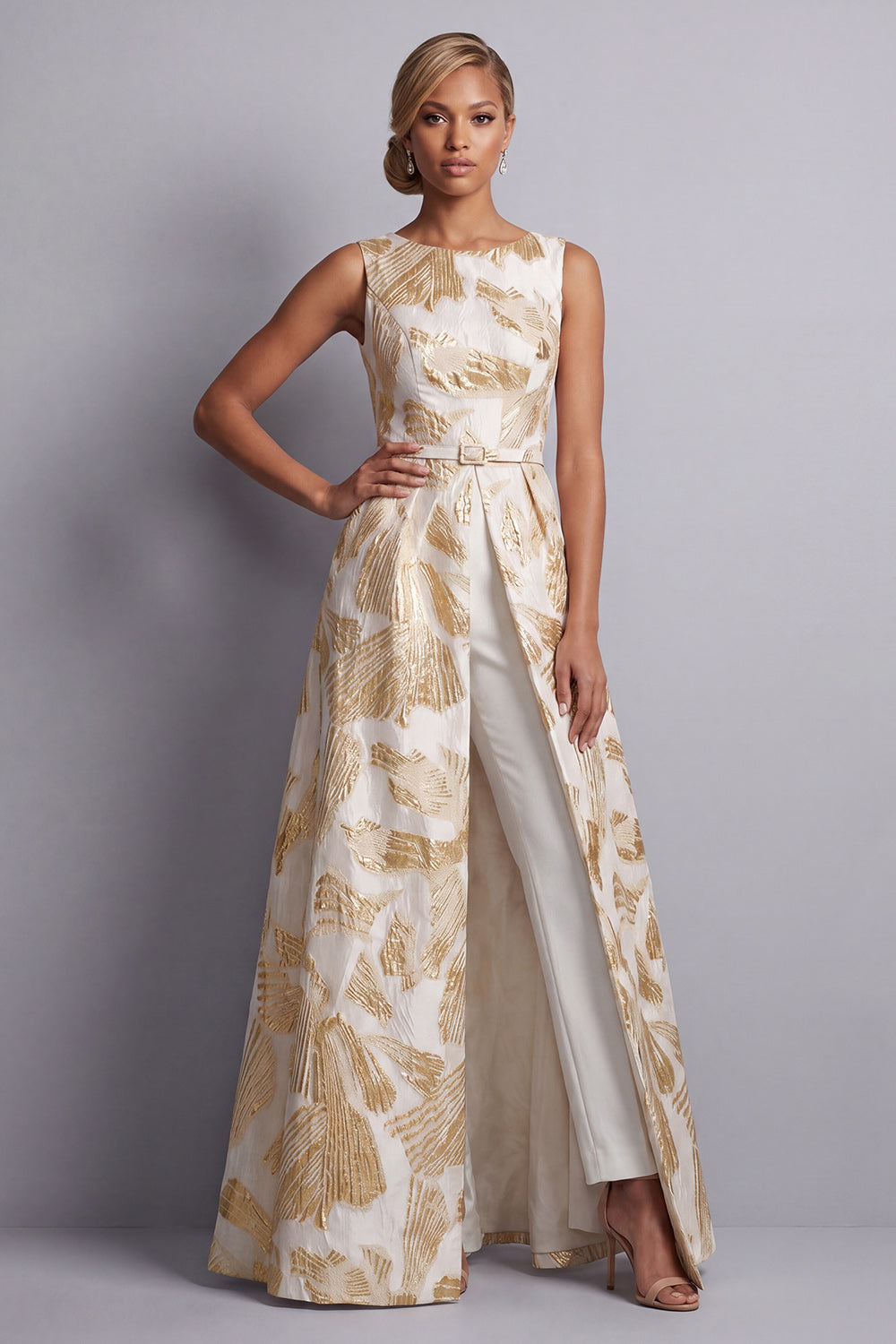 Champagne Boat Neck Jacquard Mother of the Bride Jumpsuits with Pockets