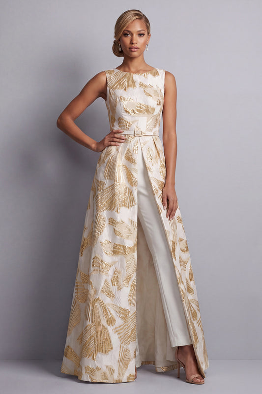 Champagne Boat Neck Jacquard Mother of the Bride Jumpsuits with Pockets