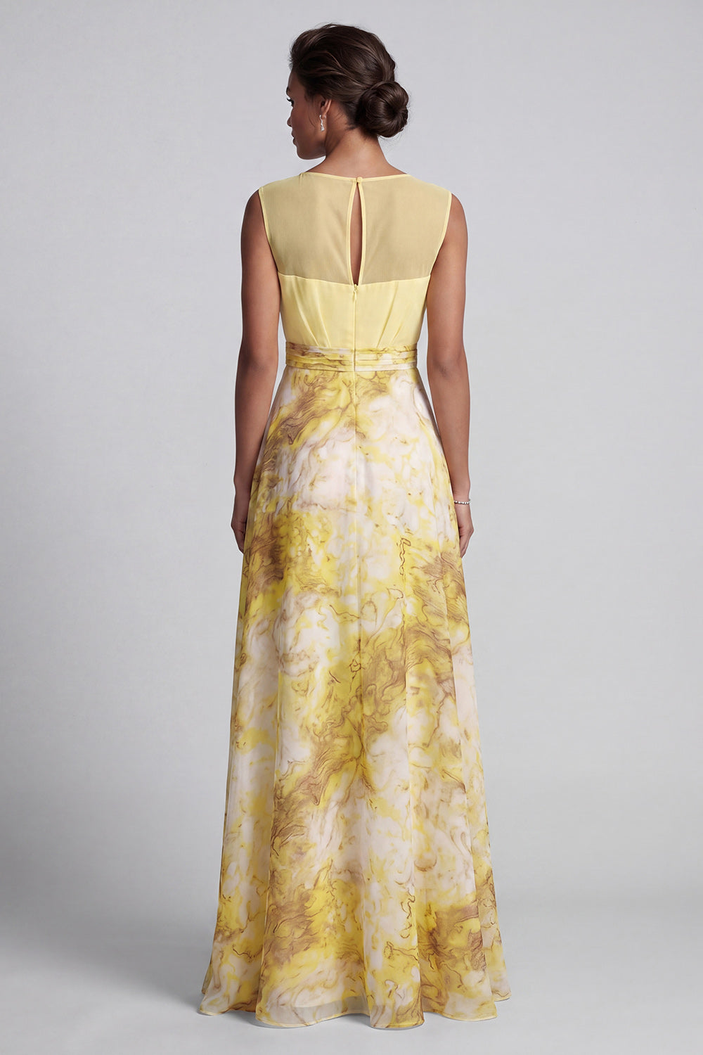 A Line Long Butter Yellow Bateau Neck Floral Printed Mother of the Bride Dress