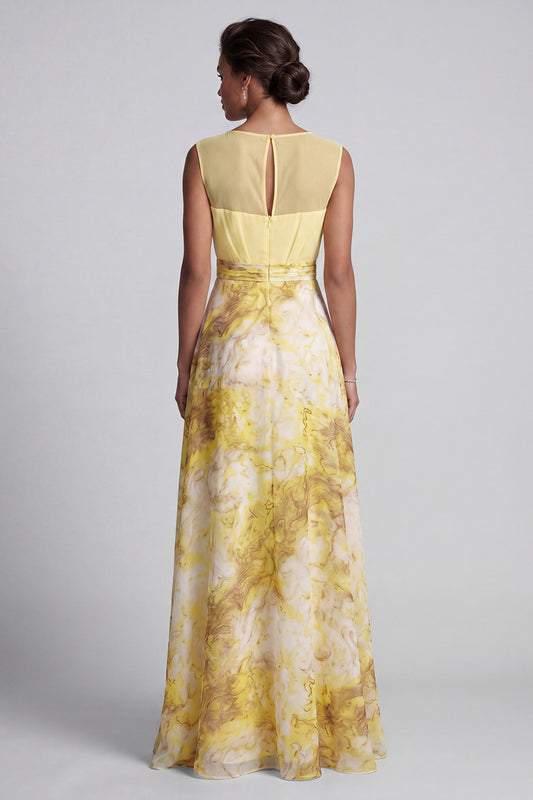 A Line Long Butter Yellow Bateau Neck Floral Printed Mother of the Bride Dress