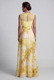 A Line Long Butter Yellow Bateau Neck Floral Printed Mother of the Bride Dress