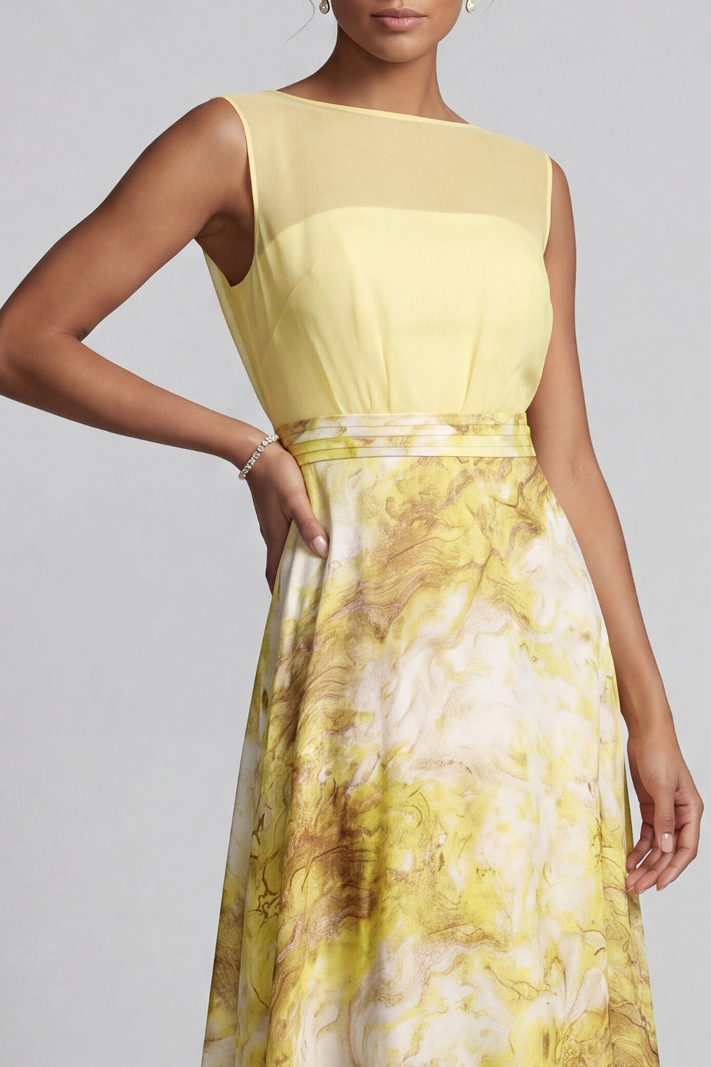 A Line Long Butter Yellow Bateau Neck Floral Printed Mother of the Bride Dress