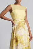 A Line Long Butter Yellow Bateau Neck Floral Printed Mother of the Bride Dress