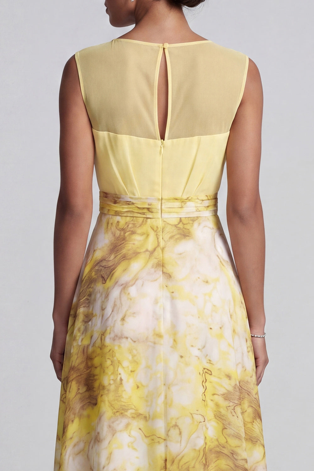 A Line Long Butter Yellow Bateau Neck Floral Printed Mother of the Bride Dress