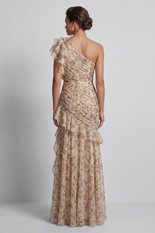 Champagne Long Floral Mermaid Ruffled Mother of the Bride Dress with Slit