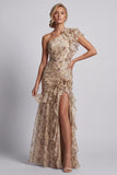 Champagne Long Floral Mermaid Ruffled Mother of the Bride Dress with Slit