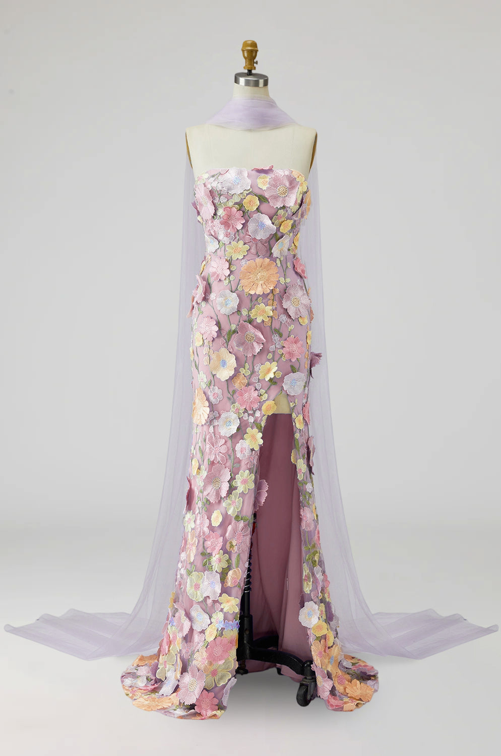 Floral Light Purple Long Mermaid Strapless Mother of the Bride Dress with Slit