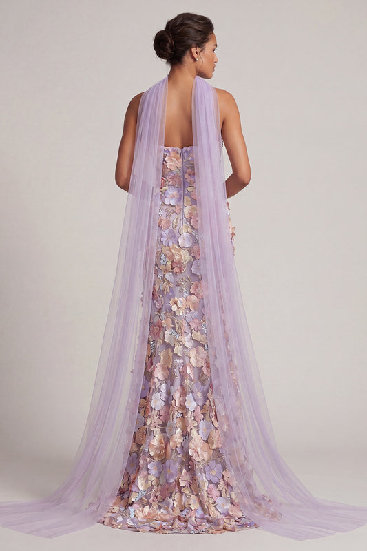 Floral Light Purple Long Mermaid Strapless Mother of the Bride Dress with Slit