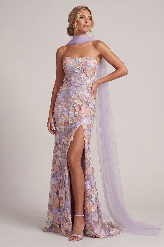 Floral Light Purple Long Mermaid Strapless Mother of the Bride Dress with Slit