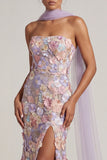 Floral Light Purple Long Mermaid Strapless Mother of the Bride Dress with Slit