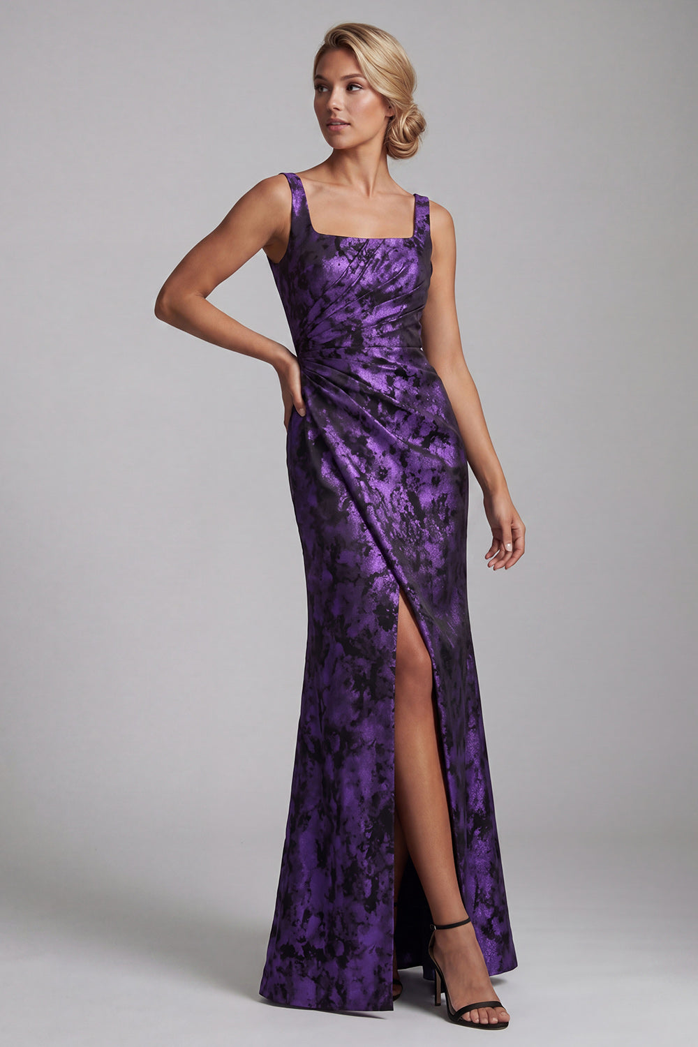 Floral Dark Purple Long Mermaid Ruched Mother of the Bride Dress with Slit