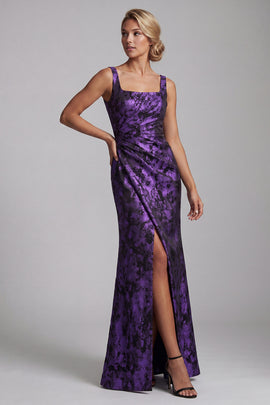 Floral Dark Purple Long Mermaid Ruched Mother of the Bride Dress with Slit