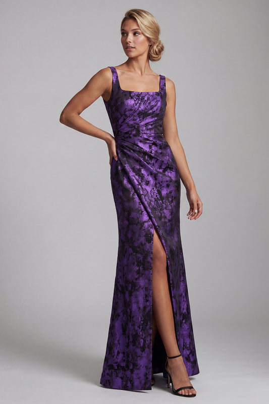 Floral Dark Purple Long Mermaid Ruched Mother of the Bride Dress with Slit