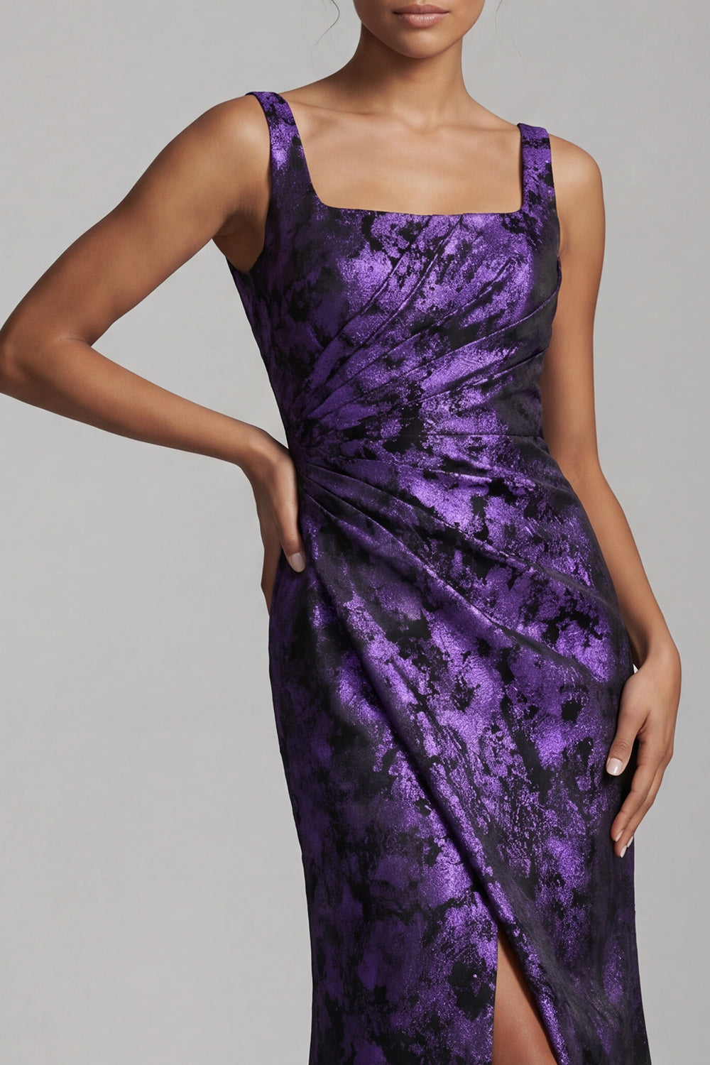 Floral Dark Purple Long Mermaid Ruched Mother of the Bride Dress with Slit