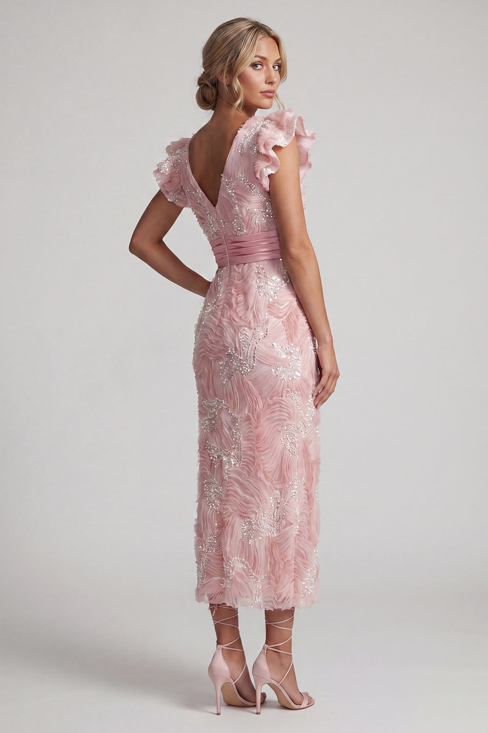 Sparkly Blush Long Sheath V-Neck Beaded Mother of the Bride Dress with Ruffles