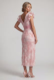 Sparkly Blush Long Sheath V-Neck Beaded Mother of the Bride Dress with Ruffles