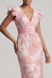 Sparkly Blush Long Sheath V-Neck Beaded Mother of the Bride Dress with Ruffles
