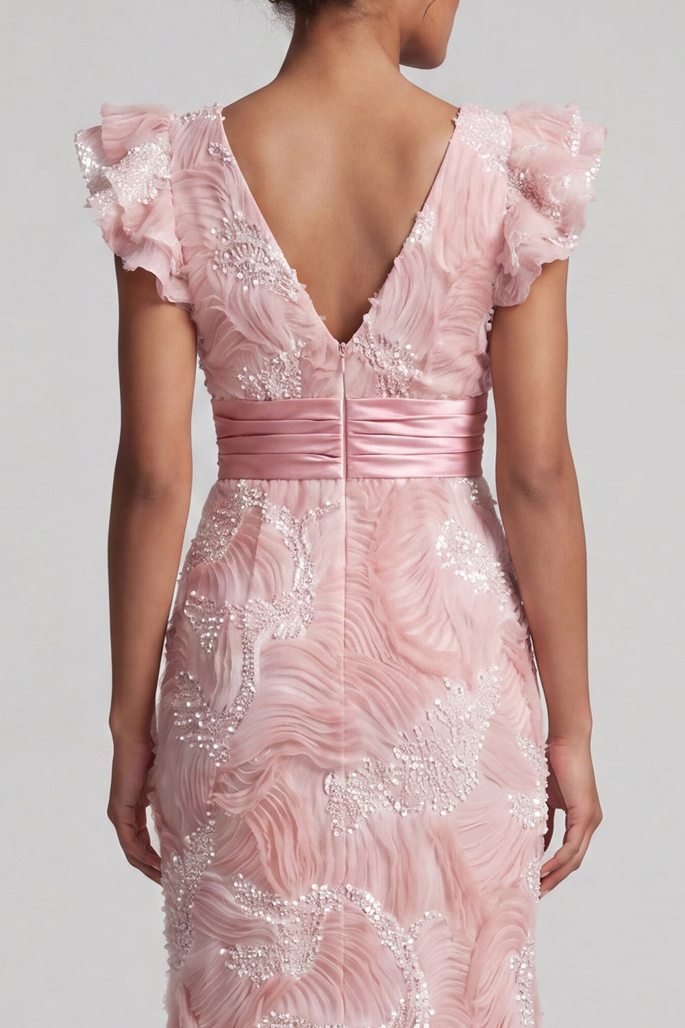 Sparkly Blush Long Sheath V-Neck Beaded Mother of the Bride Dress with Ruffles