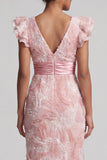 Sparkly Blush Long Sheath V-Neck Beaded Mother of the Bride Dress with Ruffles