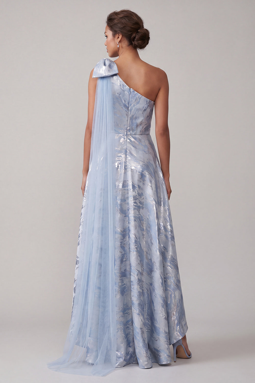 A Line Sky Blue Floral High Low Mother of the Bride Dress with Bow