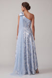 A Line Sky Blue Floral High Low Mother of the Bride Dress with Bow