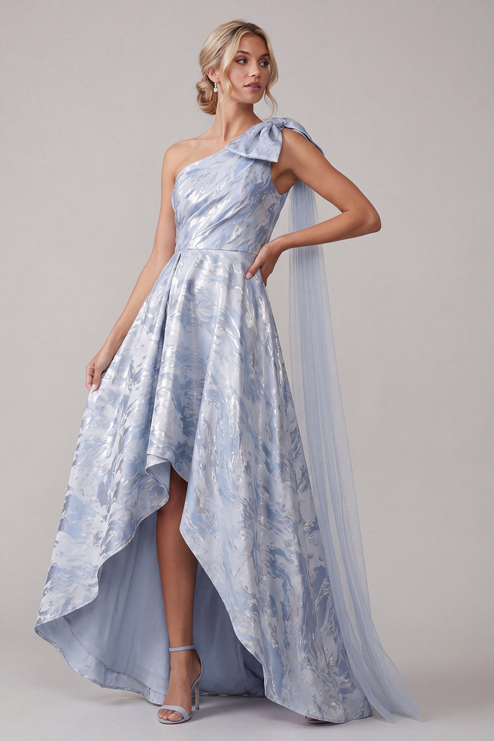 A Line Sky Blue Floral High Low Mother of the Bride Dress with Bow