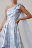 A Line Sky Blue Floral High Low Mother of the Bride Dress with Bow