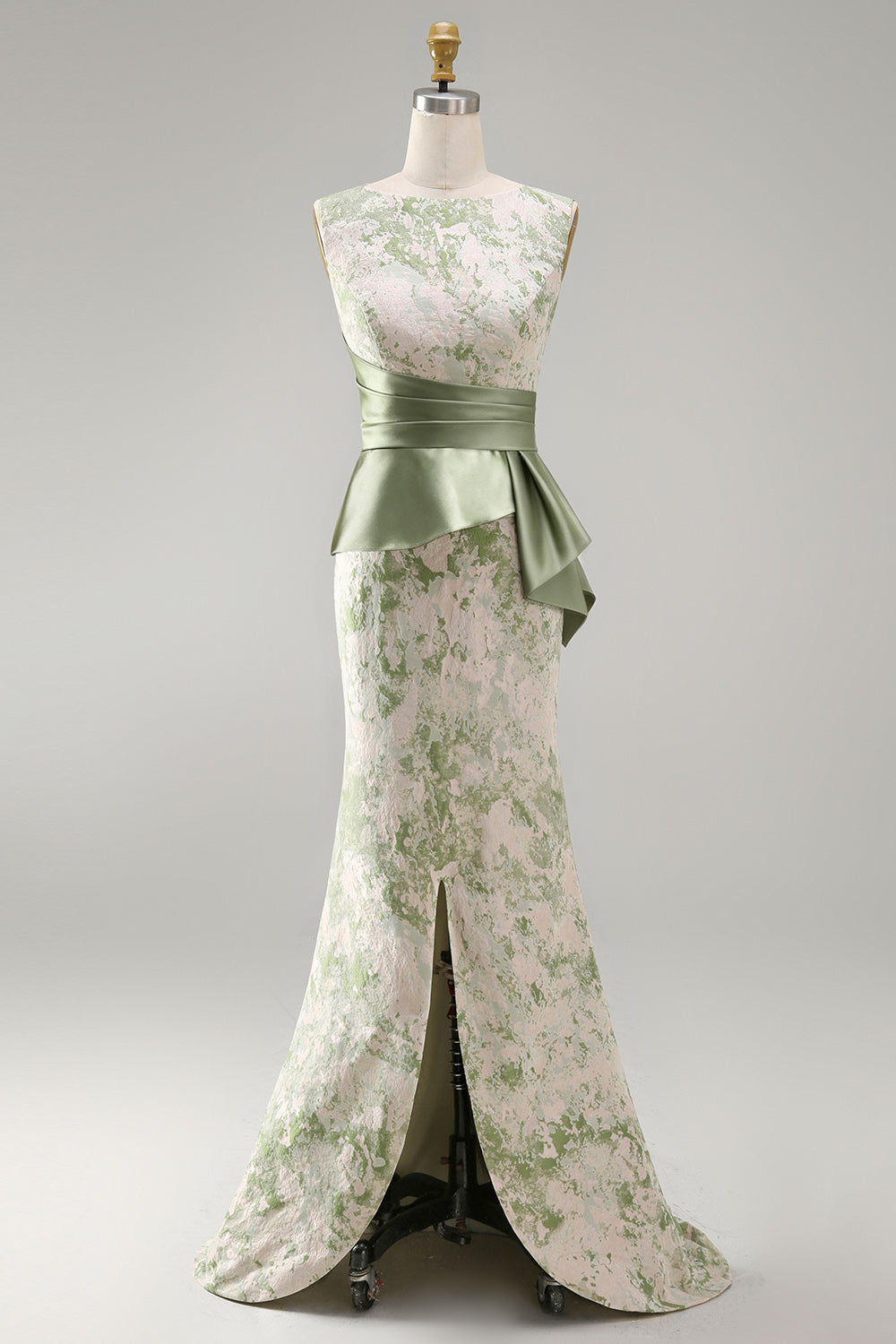 Light Green Floral Long Mermaid Ruched Mother of the Bride Dress with Sash