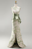 Light Green Floral Long Mermaid Ruched Mother of the Bride Dress with Sash