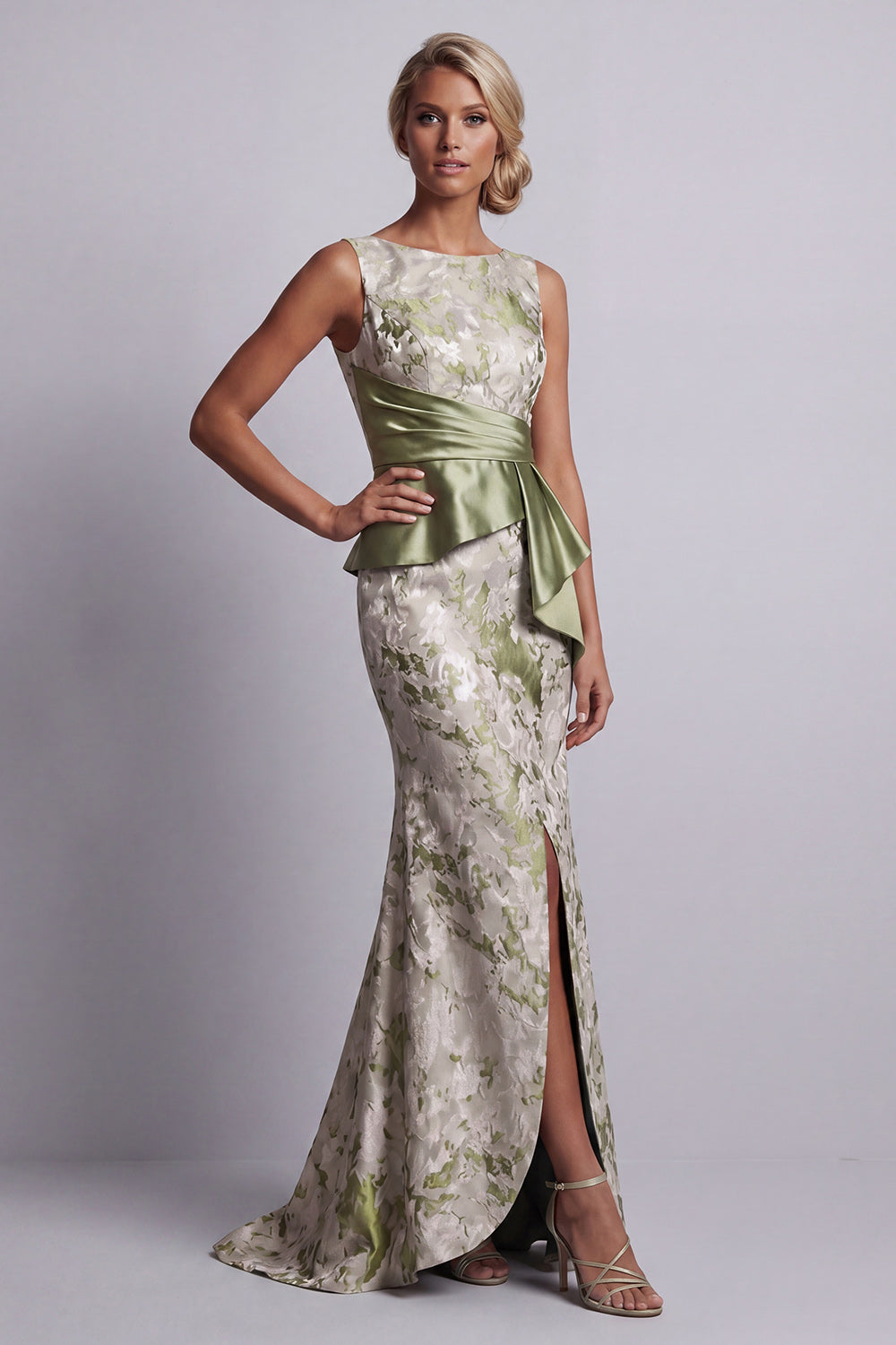 Light Green Floral Long Mermaid Ruched Mother of the Bride Dress with Sash