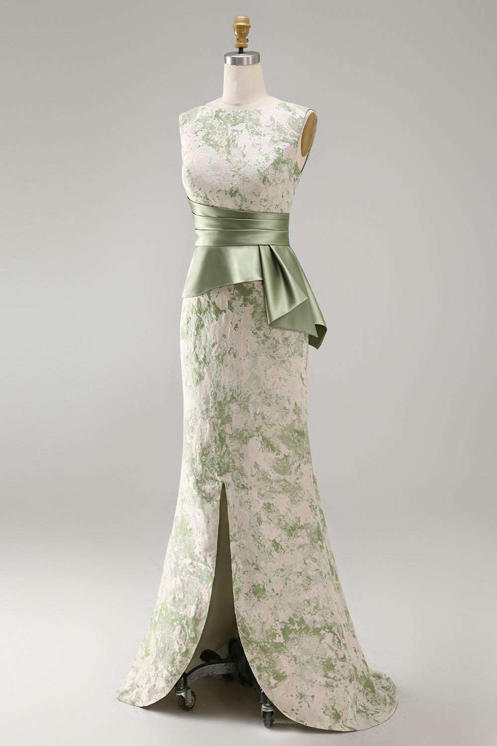 Light Green Floral Long Mermaid Ruched Mother of the Bride Dress with Sash