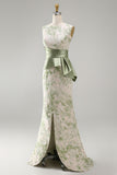 Light Green Floral Long Mermaid Ruched Mother of the Bride Dress with Sash
